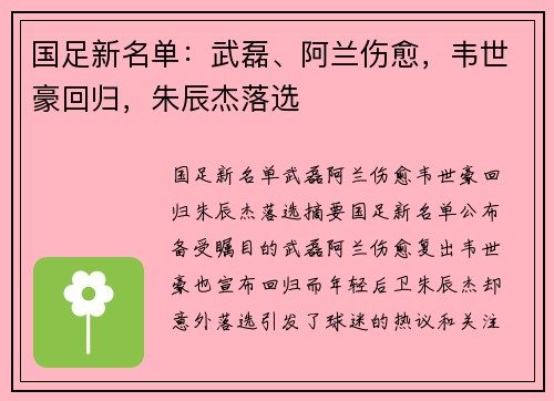 国足新名单：武磊、阿兰伤愈，韦世豪回归，朱辰杰落选